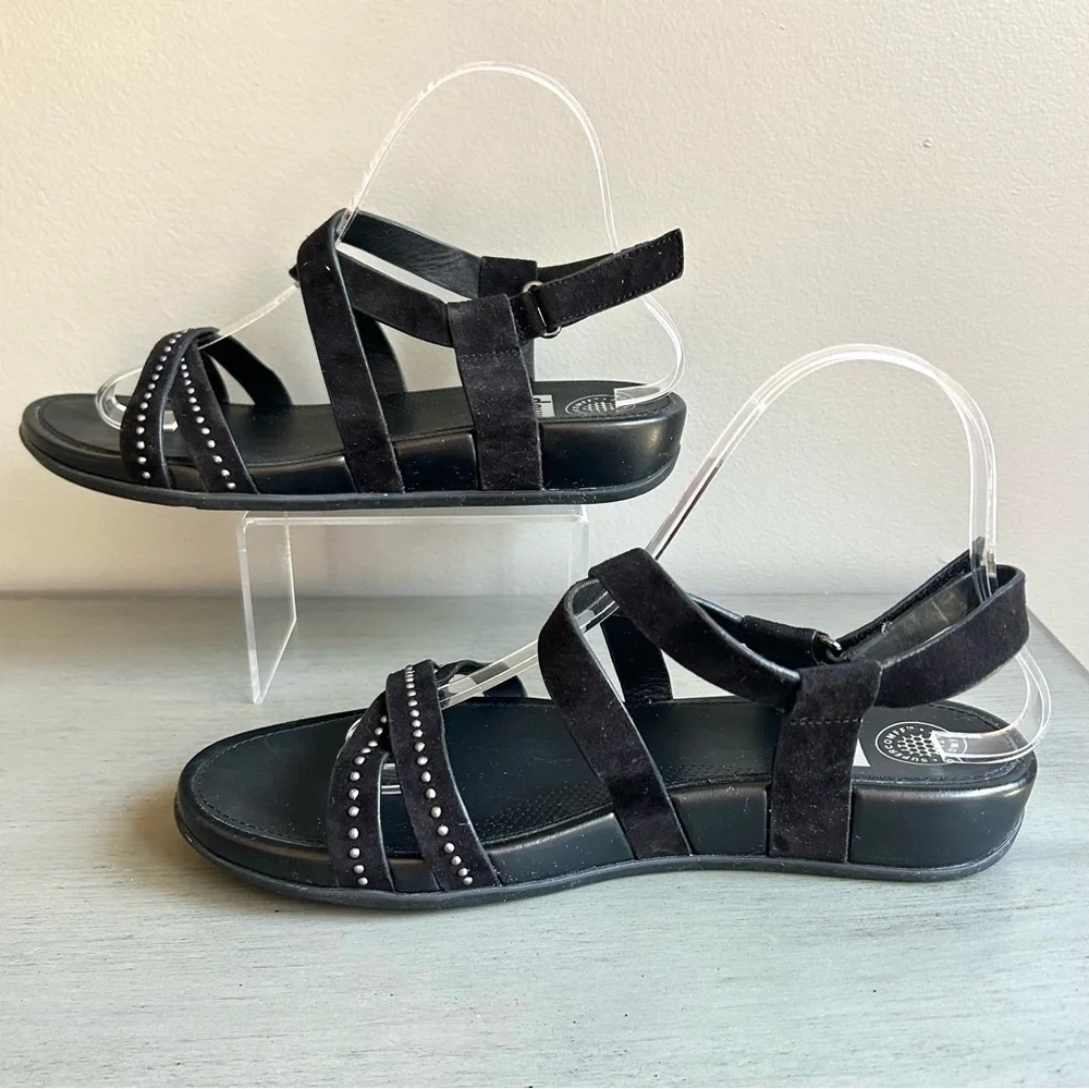 FitFlop Lumy Women Black Strappy Suede Studded Wedge Sandals Sz 8 Comfort